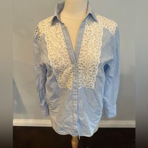 Sandro Blue White Strip Lace Insert Long Sleeve Button Down Blouse Shirt size 2
